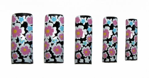 Pre-Designed Tips - Black With Coloured Flowers 70pcs