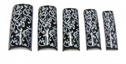 Pre-Designed Tips - Black With White Flowers 70pcs